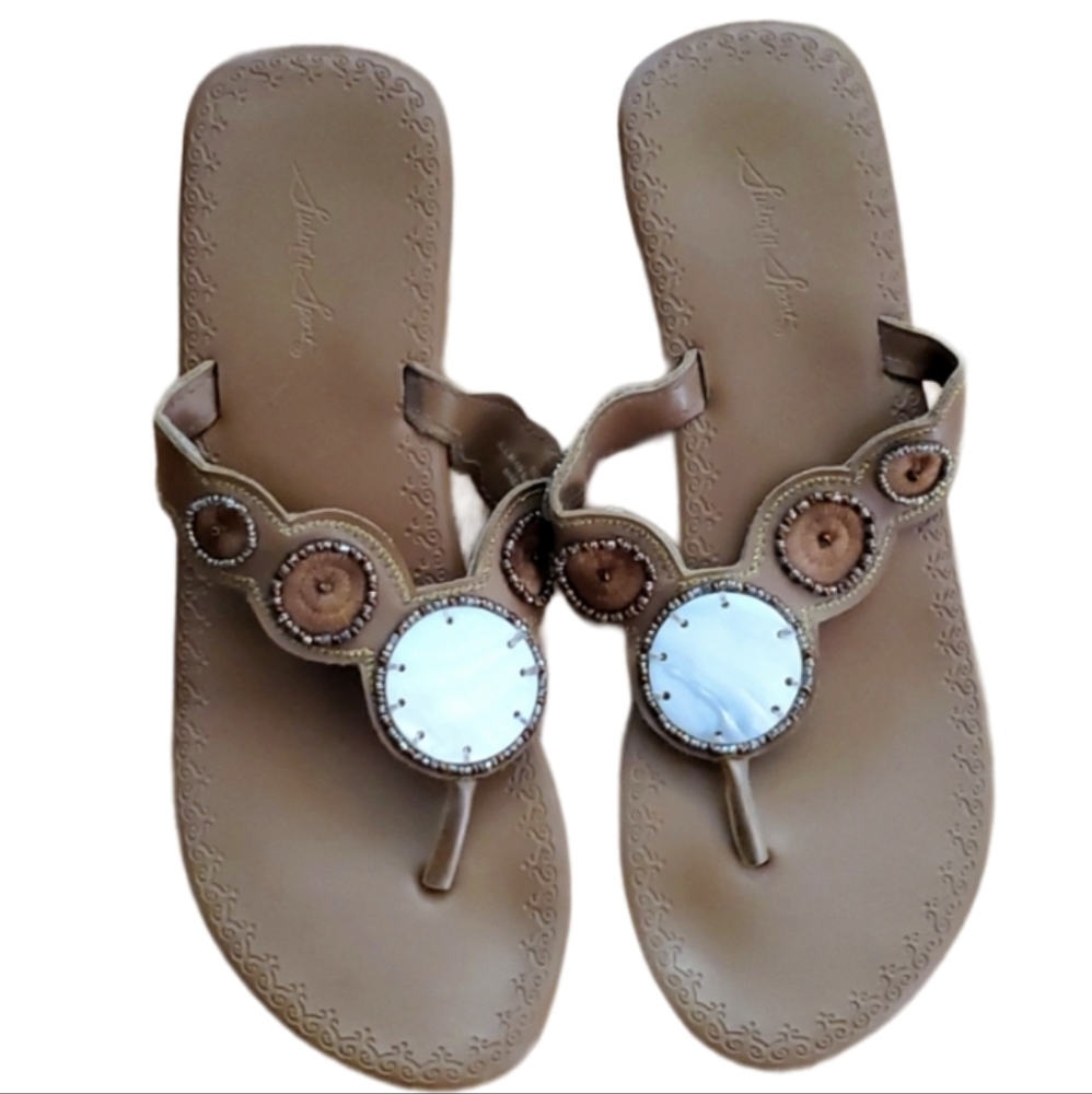Swim N Sport Womans Tan Shell Disk Thong Sandals Size 10